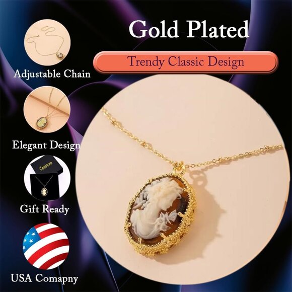 Gold-Plated Victorian Cameo Necklace Vintage Amber Pendant Bead Chain Gift Box - Picture 5 of 7